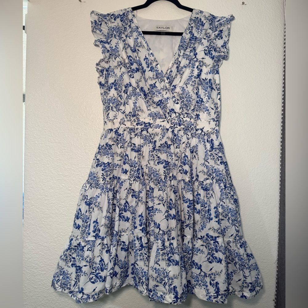 Taylor Blue & White Floral Wrap Dress 100% Cotton